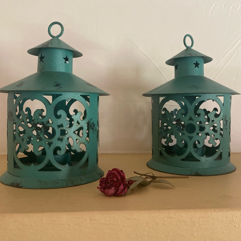 Two Decorative Teal Blue Metal Mini Tea Light Lanterns - Picture 3 of 9